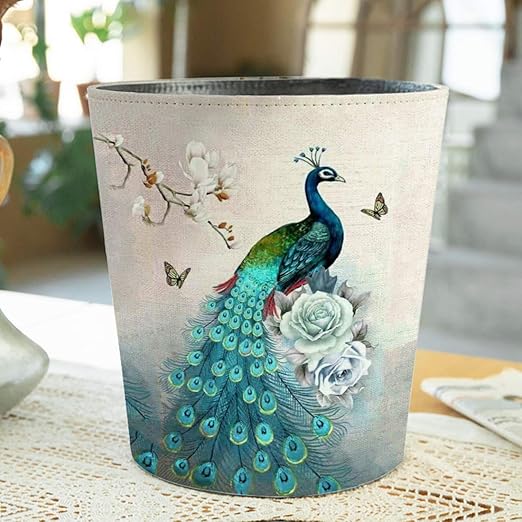 10L/2.64 Gallon PU Leather Trash Can Peacock Decorative Waterproof Wastebasket Paper Basket Garbage Bin for Home Office Bathroom, Peacock Pattern