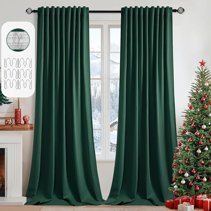 MIULEE Christmas Hunter Green Back Tab Blackout Curtains 52"x108" 2 Panels | by MIULEE