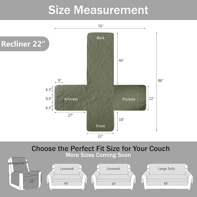Green Quilted Recliner Covers, Water-Repellent Recliner Slipcovers, Recliner - Image 6