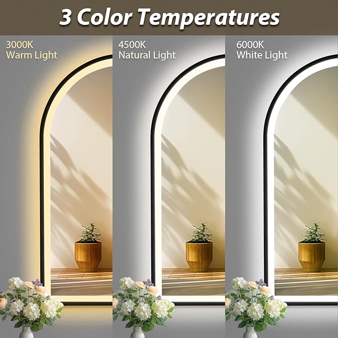 24x36 Inch Led Mirrors for Bathroom, Arch Vanity Mirror with Lights, Wall-Mounted Mirror with Bluetooth Speaker, Anti-Fog, Memory Function, 3 Color Temperature, Dimmable