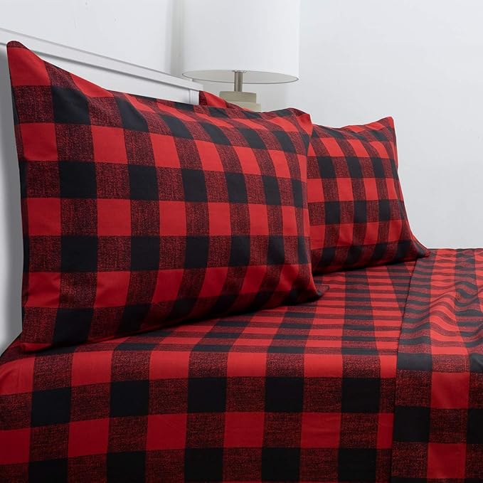 King Size Sheets - Breathable Luxury Bed Sheets with Full Elastic & Secure Corner Straps Built In - 1800 Supreme Collection Extra Soft Deep Pocket Bedding Set, Sheet Set, King, Buffalo Check Burgundy