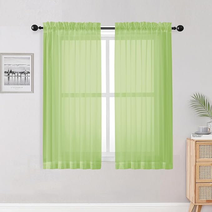 Lime Sheer Curtains for Bedroom Living Room 54 Inch Length 2 Panels Set by OWENIE