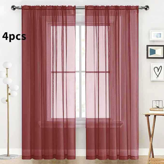 SpaceDresser Burgundy Sheer Curtains 4 Panels Rod Pocket Semi-Sheer Curtain 72 - Image 2
