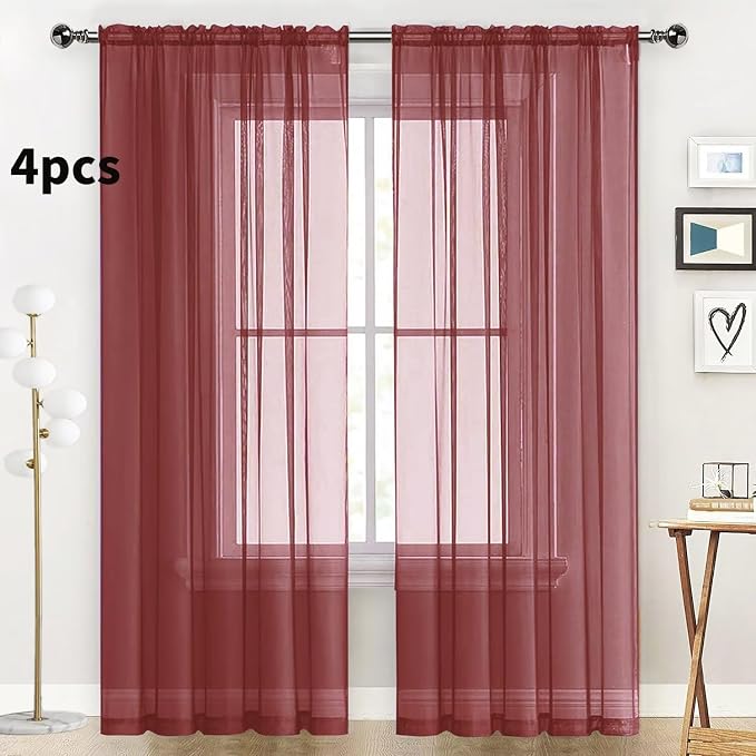 SpaceDresser Burgundy Sheer Curtains 4 Panels Rod Pocket Semi-Sheer Curtain 45 - Image 2