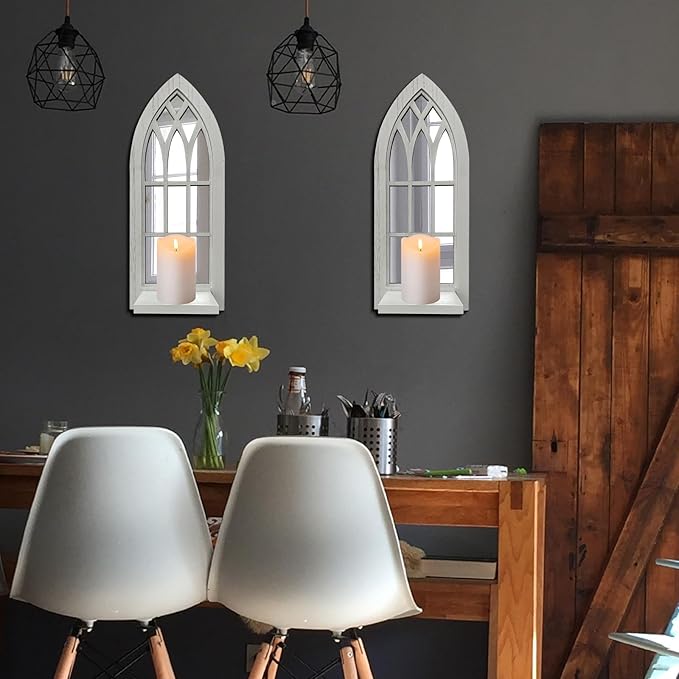 Wood Wall Sconce Candle Holder Set 2, Rustic Candle Sconces, Farmhouse Hanging Wall Décor, Carved Wood Frame, Mirrored Wall Accent