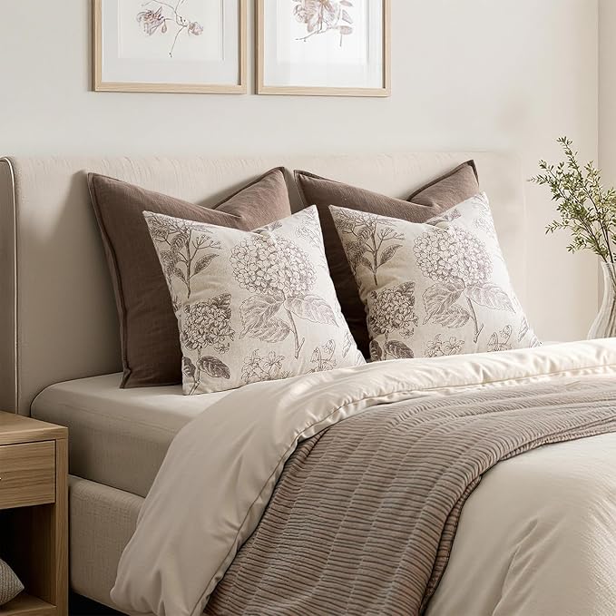 Set of 2 Decorative Floral Pillow Covers 16x16 Inch Light Camel | Neutral - Image 6