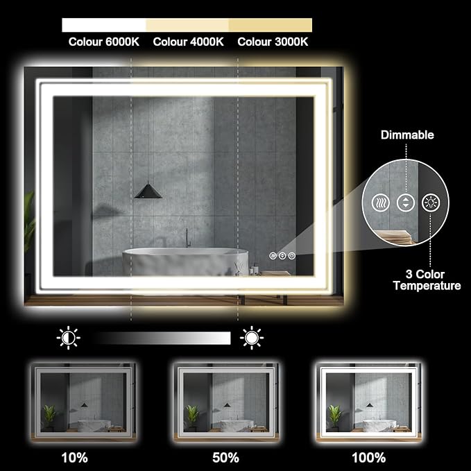 23.6" x 31.5" LED Bathroom Mirror with Lights, Front and Backlit Mirror, Anti-Fog Lighted Vanity Mirror, Stepless Dimmable, 3 Colors LED Mirror (Horizontal/Vertical)