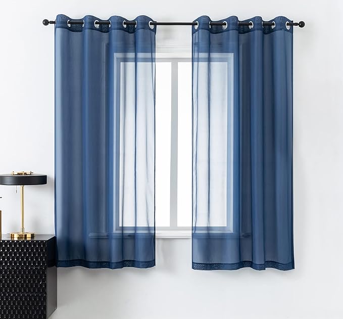 DUALIFE 45 Inches Navy Short Curtains for Bathroom Set of 2 Panels Grommet Semi Voile Drapes Navy Blue Sheer Curtains for Boys Room Kids Bedroom Small Windows 52 x 45 Inch Indigo Blue