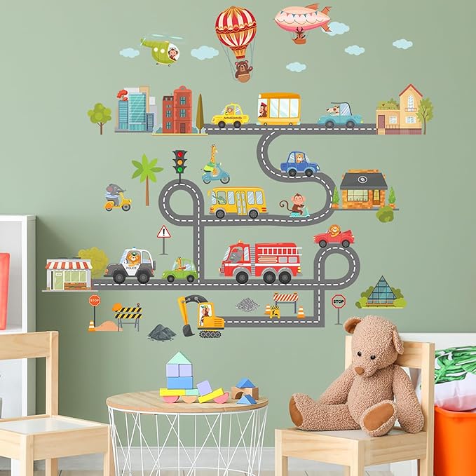 Jungle Animal Wall Stickers Forest Safari Wall Decals Kid Room Nursery Baby Bedroom Décor (Cartoon Animal Traffic)