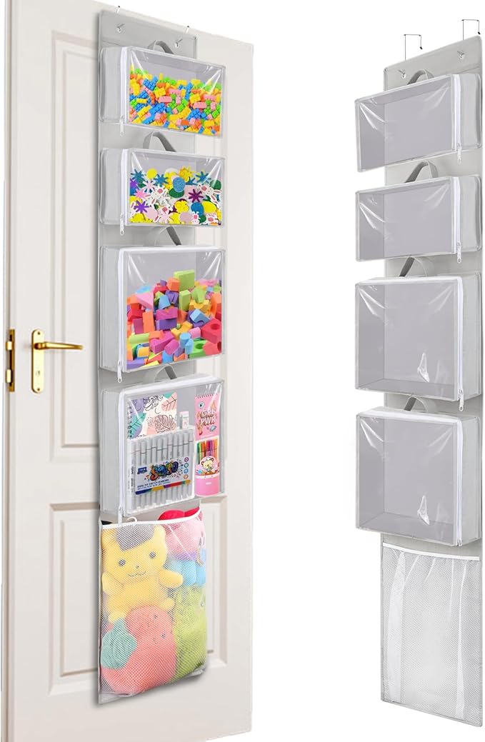 Hanging Toy Storage over Door, Block Stuffed Animal Organizer Idea with 4 Removable Case Bag, Bi-Fold Closet Holder with Mesh Pocket for Kid Boy Girl