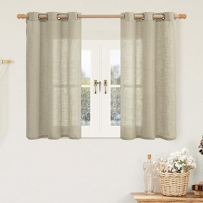 Sheer Linen Kitchen Curtains Over Sink 40 Inch Length, Oatmeal Bronze Grommet by LAMIT