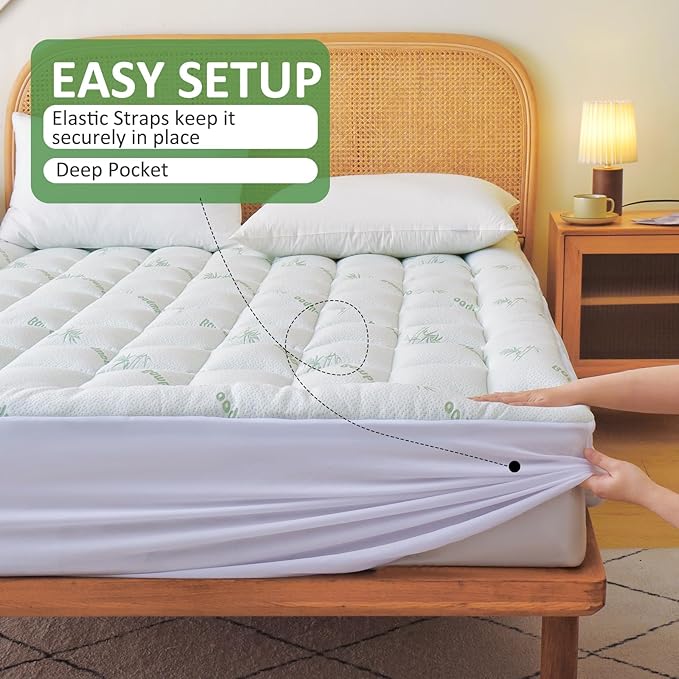Bioeartha Cooling Mattress Topper Full – Extra Soft Pillow Top Mattress Pad, Breathable Viscose Made from Bamboo Mattress Protector for Back Pain Relief, Deep Pocket Cover Fits 8–21 Inch