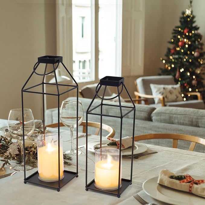 Lanterns Decorative Outdoor 2PCS Living Room Decor Lantern Black Metal Lantern Front Porch Decor Lanterns Decor Indoor with LED Candle Lanterns Decor No Glass for Indoor Outdoor (Small&Large, 2Pcs)