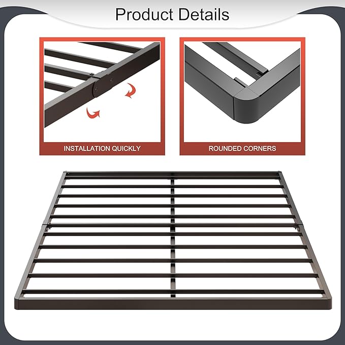 1.6 Inch Bunkie Board Full Low Heavy Duty Metal Box Spring Full Size Bed Base, Sturdy Mattress Foundation, Easy Assembly, Noise Free, Black