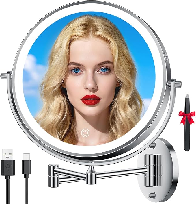 10'' 30X/1X Wall Mounted Lighted Makeup Mirror, 5000mAh Rechargeable Double-Sided Magnifying Mirror with Light, LED Vanity Mirror Touch Dimmable 3 Colors 360° Rotation Extended Foldable Arm, Chrome