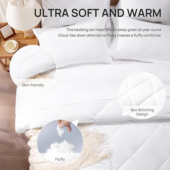 Love's cabin Twin Comforter Set White, 5 Pieces Twin Bed in a Bag, All Season Bedding Sets with 1 Comforter, 1 Flat Sheet, 1 Fitted Sheet, 1 Pillowcase and 1 Pillow Sham