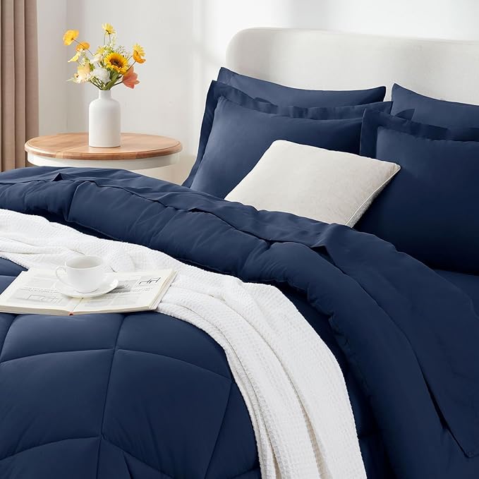 CozyLux Oversized Queen Comforter Set Navy Blue, 7 Pieces Bed in a Bag Comforter Set with Sheets Luxury Bed Set All Seasons, Bedding Set with Down Alternative Comforter, Sheets, Pillowcases & Shams