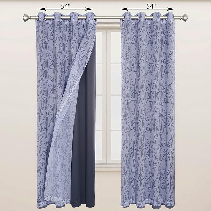 BONZER Mix and Match Curtains - 2 Pieces Branch Print Sheer Curtains and 2 Pieces Blackout Curtains for Bedroom Living Room Grommet Window Drapes, 54x63 Inch/Panel, Grey Dark, Set of 4 Panels