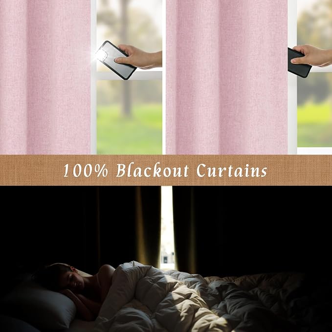 Pink 100% Blackout Linen Living Room Curtains 84 Inch 2 Panels | Privacy - Image 3