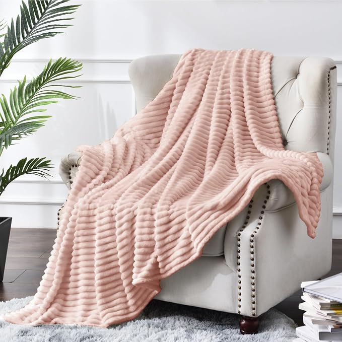 BEDELITE 3D Ribbed Light Pink Fleece Throw Blanket - Image 2