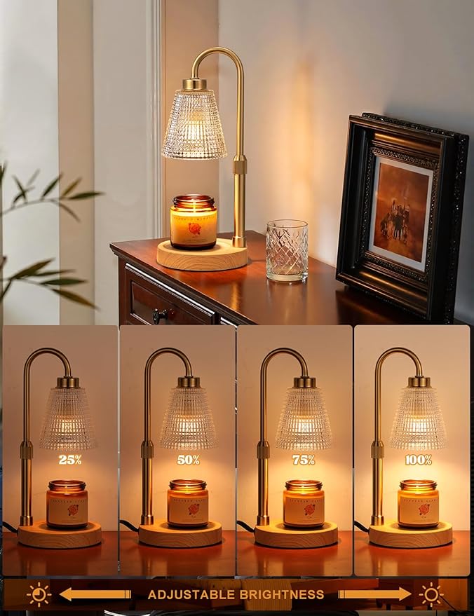 Innqoo Wood Color& Clear Candle Warmer Lamp with Timer, Dimmable Candle Warmer for Jar Candles, Height Adjustable Wax Melts Warmer, Birthday Gifts for Women Mom, House Warming Gifts New Home Decor