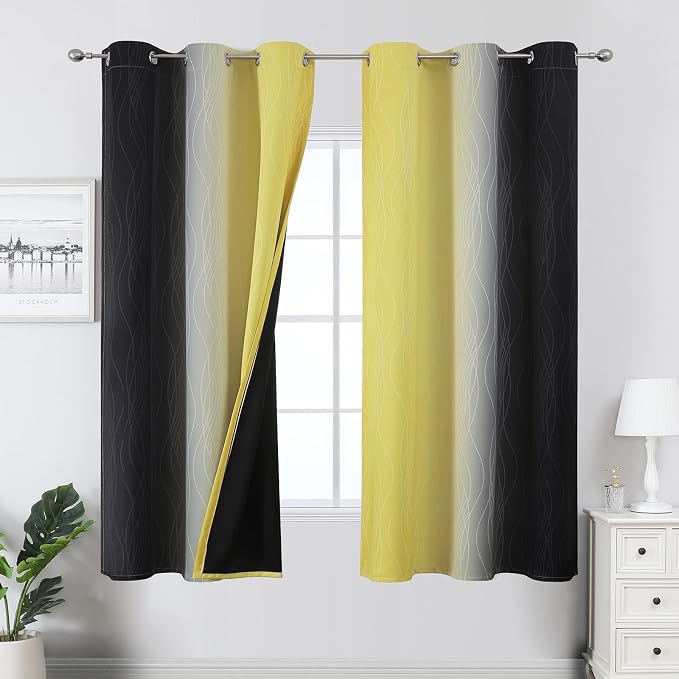 Black and Yellow Ombre Blackout Curtains 63 Inches Long | Room Darkening by ESTELARTEXTILER