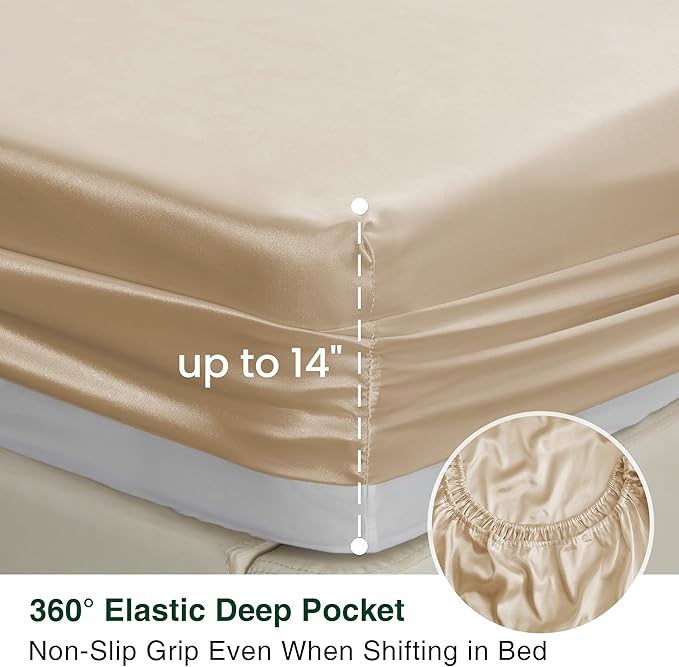 Love's cabin Satin Sheet Set, 3 Piece - Twin XL, Beige, Luxury Silky Soft Bed Linen with Deep Pockets