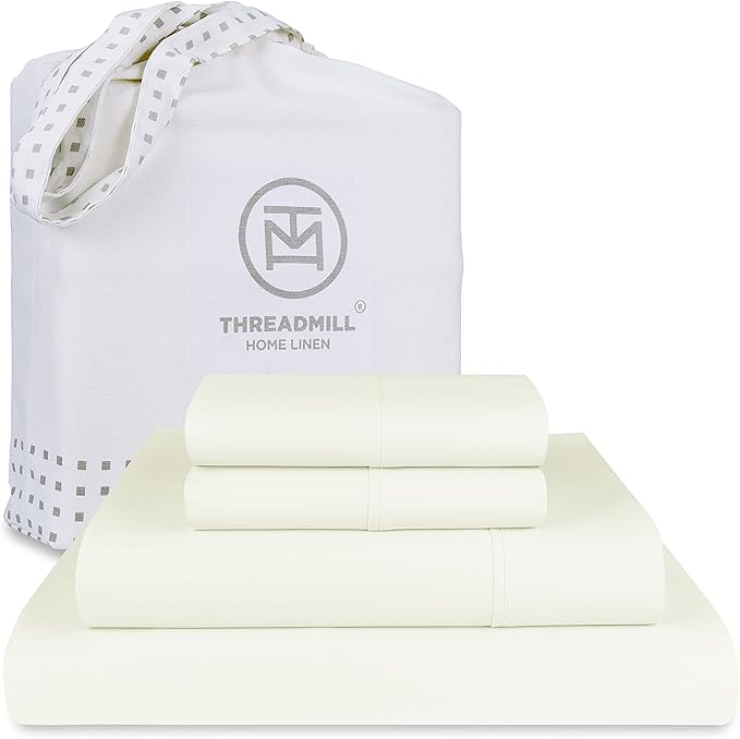 Threadmill Luxury 800 Thread Count Queen 100% Cotton Sheets - Ivory Sateen Weave Bed-Sheets, Better Than Egyptian Cotton,4 Pc Solid Soft Bed Set, Fits 16" Deep Pocket
