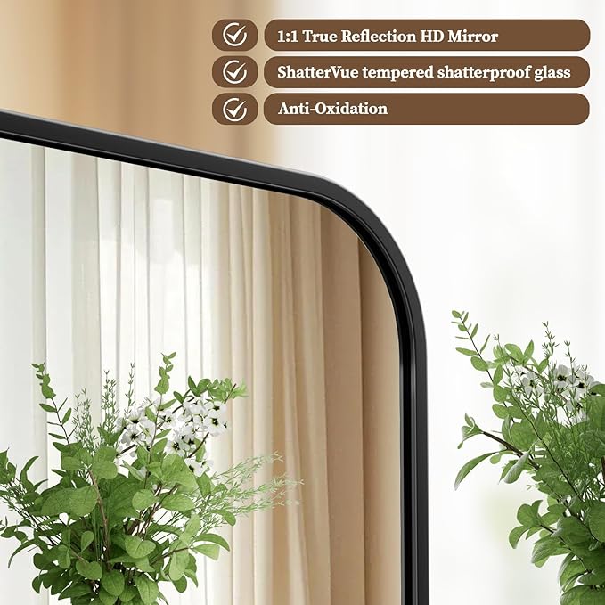 BEAUTYPEAK Black Rectangular Bathroom Mirror - 30" x 40" Wall Mounted Aluminum Alloy Frame Mirror with Rounded Corners for Bedroom Living Room, Horizontal or Vertical