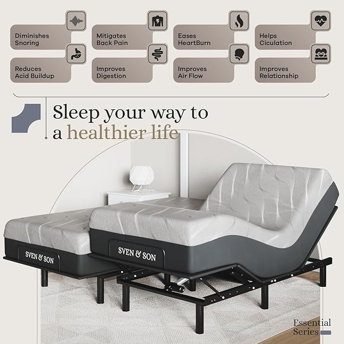 Sven and Son Essential Adjustable Bed Base (Frame) + 10 inch Memory Foam Matt (Firm), Easy Assembly, Head and Foot Lift, Memory Positions, Zero Gravity, Wireless Remote - Split King