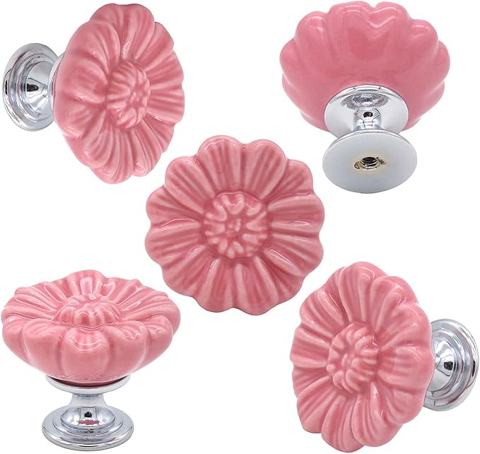 6PCS Vintage Floral Daisy Ceramic Dresser Drawer Knobs Elegant Cabinet Cupboard Door Hardware Pull Handles w/Screws Pink
