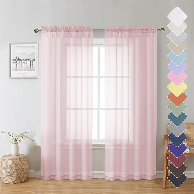 Blush Pink Sheer Curtains 72 Inches Long 2 Panels, Lightweight Dual Rod Pockets by Lecloud
