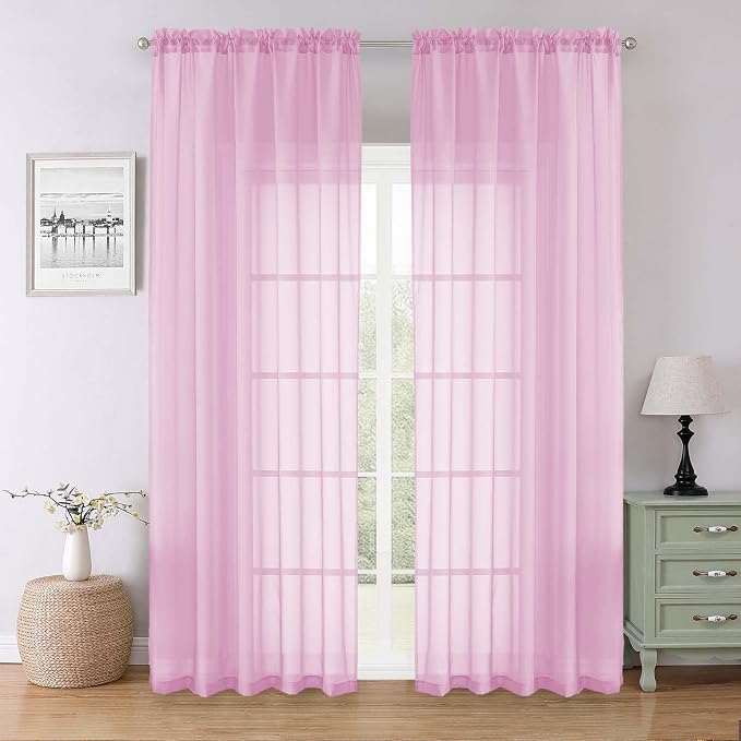 Light Pink Sheer Curtains 90 Inches Long 2 Panels Set, Dual Rod Pocket Living by Lecloud