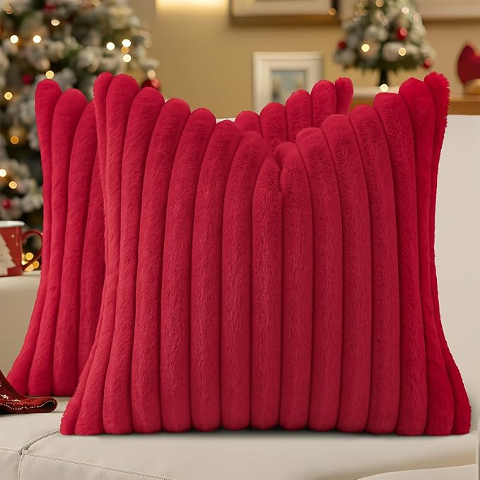 decorUhome Fall Faux Fur Throw Pillow Covers 16x16 Set of 2 Red | Decorative by decorUhome