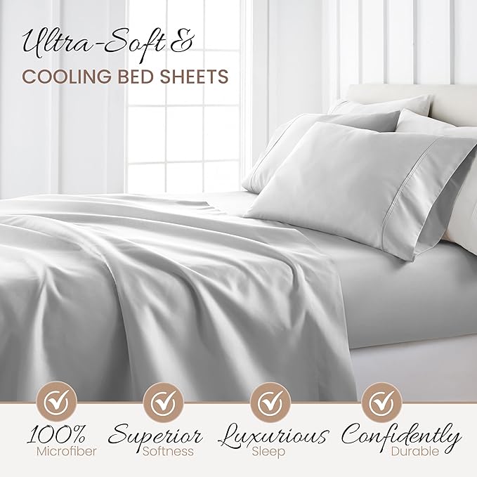 Linen Market Double-Brushed Microfiber Full Sheet Set 4 Piece – Oeko-TEX Certified Ultra Soft & Wrinkle-Free - 16" Deep Pocket Sheets - Easy Care Full Size - Light Gray