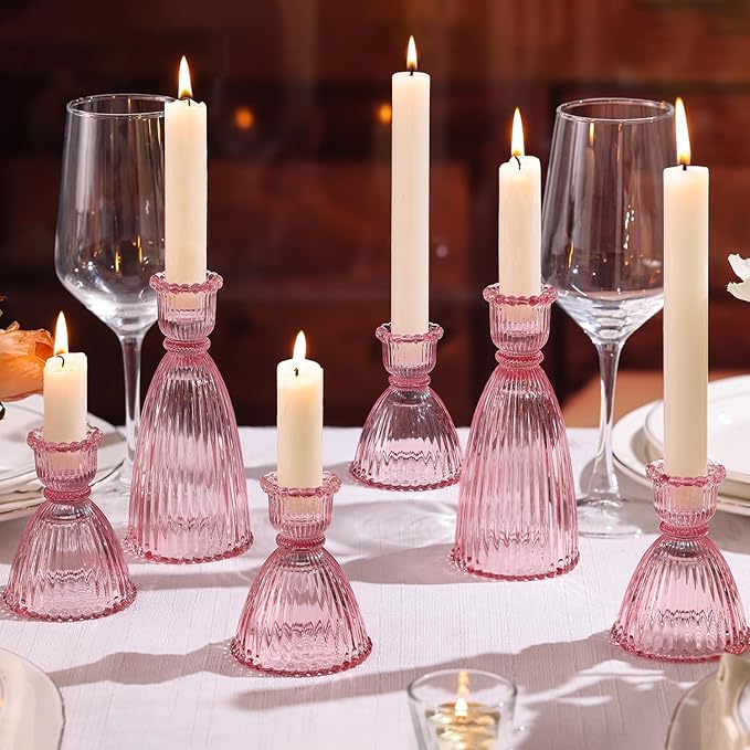 LAMORGIFT Pink Candle Holder Set of 6-4pcs 3.5"& 2pcs 6" Assorted Glass Pink Candlesticks Holder for Wedding Decor, Ribbed Taper Candle Holders Bulk for Bridal Shower, Home Table Centerpieces