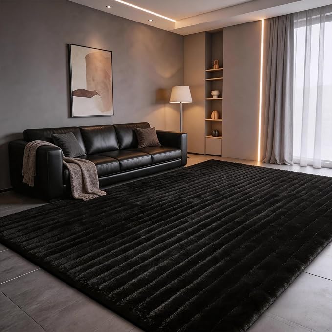 Black Rabbit Striped Plush Rug 6'x9', Fluffy Shaggy Area Rug - Image 4