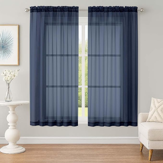 Sheer Navy Blue Curtains, Sheer Curtains 63 inch Length 2 Panels Set, Rod by OWENIE