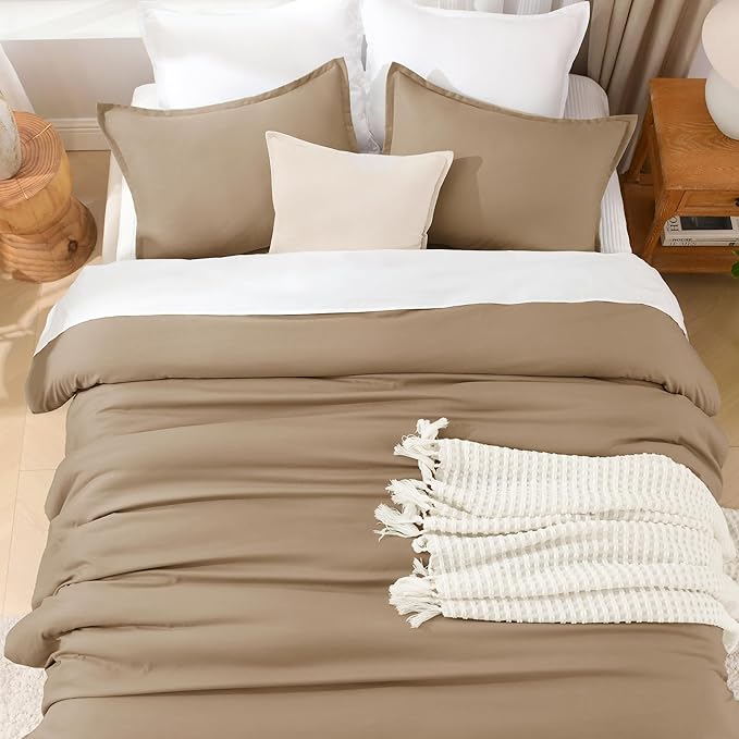 Litanika California King Size Taupe Comforter Set, 3 Pieces Cal King Solid Bedding Comforter Set, All Season Fluffy Bed Set (104x96In Comforter & 2 Pillowcases)