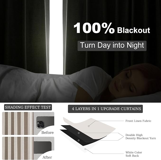 Topfinel 100 Inch Long Black Out Burlap Custom Curtains, Natural Linen Tweed - Image 5