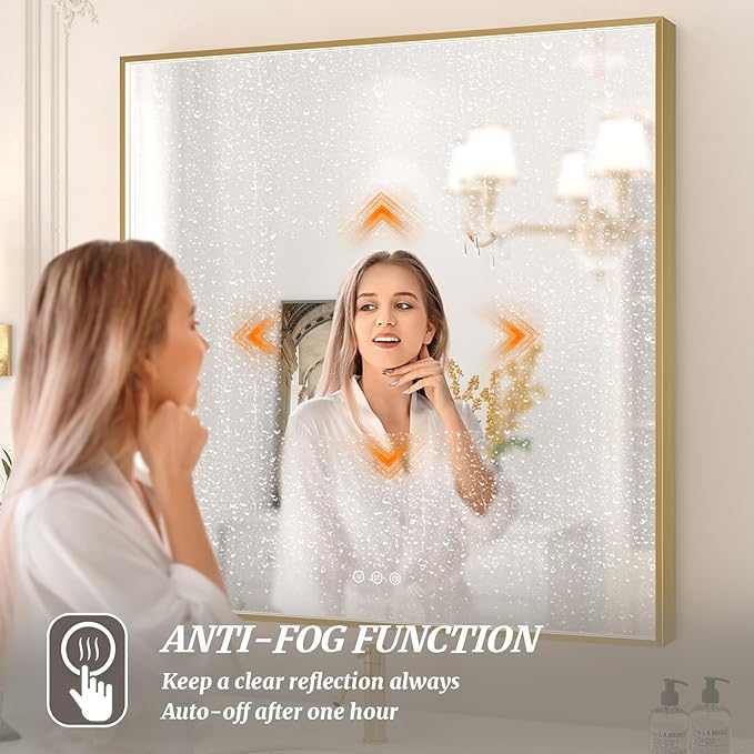 36x36 Inch LED Bathroom Mirror, Gold Metal Framed Lighted Mirror for Bathroom, Wall Mouted LED Vanity Mirror with Lights, 3 Colors and Stepless Dimmable, Anti-Fog, Memory