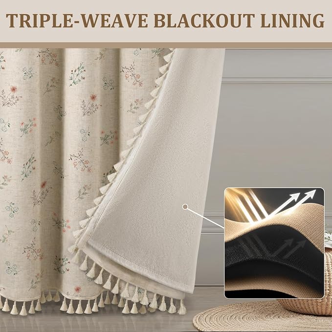 Boho Floral 100% Blackout Curtains 84 Inch 2 Panels Linen Texture | Farmhouse - Image 4