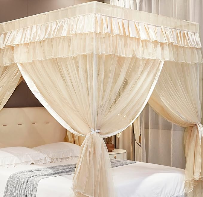 Mengersi Canopy Bed Curtains Queen Sizes,Bed Canopy for Girls Royal Luxurious Cozy Bed Drapes Girls Room Decor(Ivory,Queen)