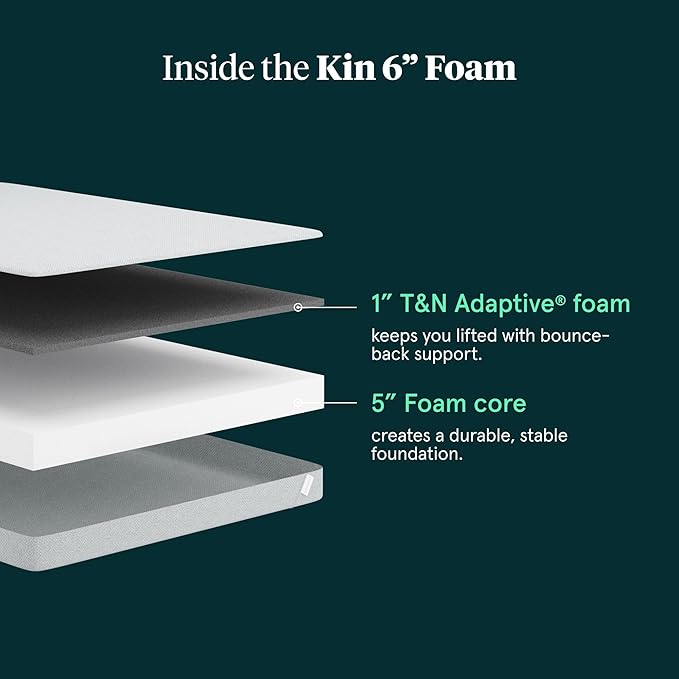 Kin By Tuft & Needle Firm 6" Twin Adaptive Foam Mattress in a Box, Cooling Pressure Relief, Balanced Support, 100 Night Trial, Fiberglass-Free, CertiPUR-US, 10-Year Limited Warranty