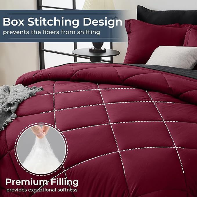 HEVUMYI Red & Black King Comforter Set - 7-Piece All Season Bed in a Bag King, Ultra Soft Burgundy Bedding Set with Comforter, Flat Sheet, Fitted Sheet, Pillowcases, Pillow Shams, Burgundy Red & Black