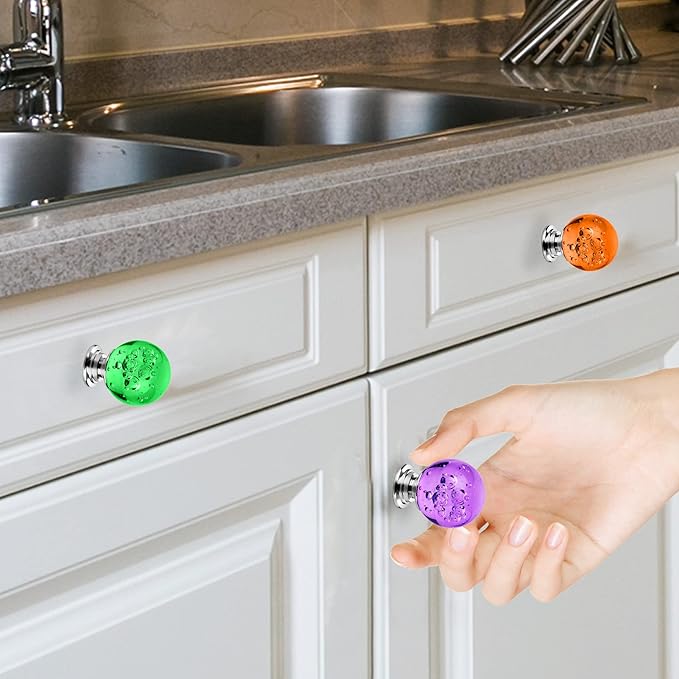 10 PCS Colorful Cabinet Knobs Round Glass Bubbles Knobs 30mm Smooth Drawer Pulls Handle for Home, Cabinet, Drawer and Dresser with 3 Different Size Screws
