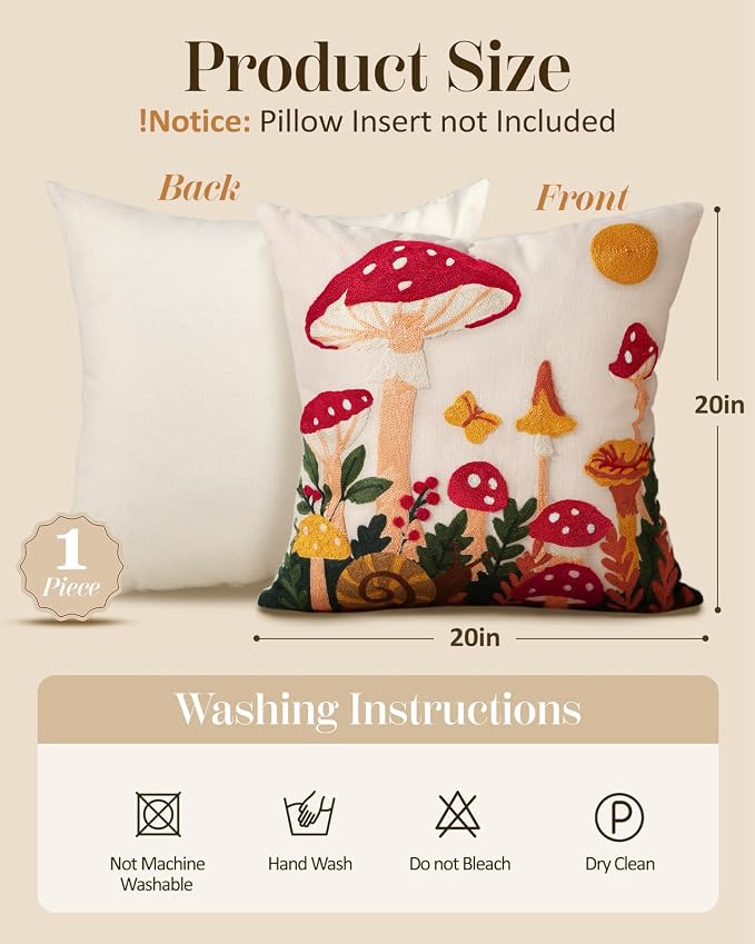 Embroidered Throw Pillow Cover 20x20 Inch, Mushroom Moon | Decorative Pillow - Image 4