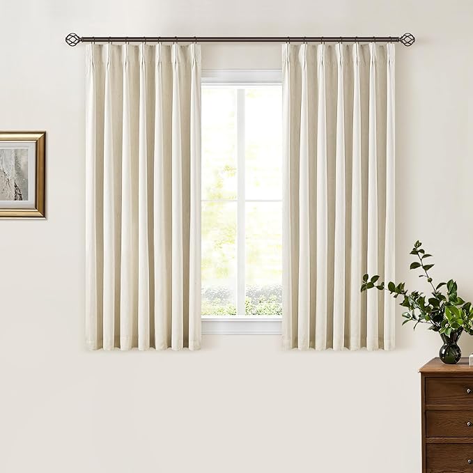 Cream Beige Pleated Black Out Linen 45 Inch Curtains by Twodrapes