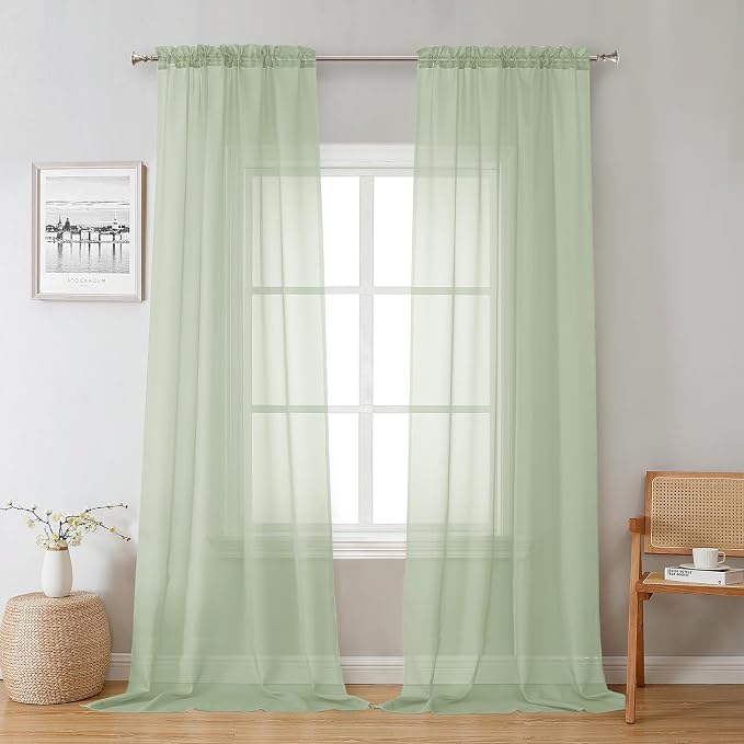 Light Green Sheer Curtains 96 Inches Long 2 Panels, Modern Light Filtering by Lecloud