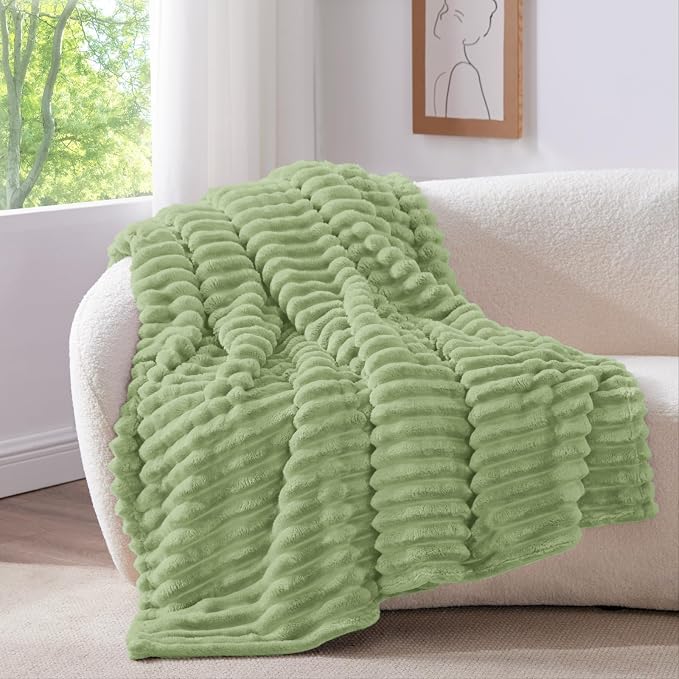 BEDELITE Striped Fleece Throw Blanket, Sage Green, Soft Cozy, Lightweight Warm - Image 2